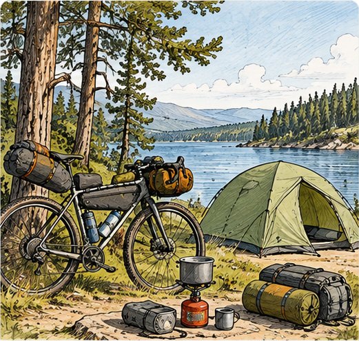 Велосипед с велосумками и палаткой для похода на 2–3 дня