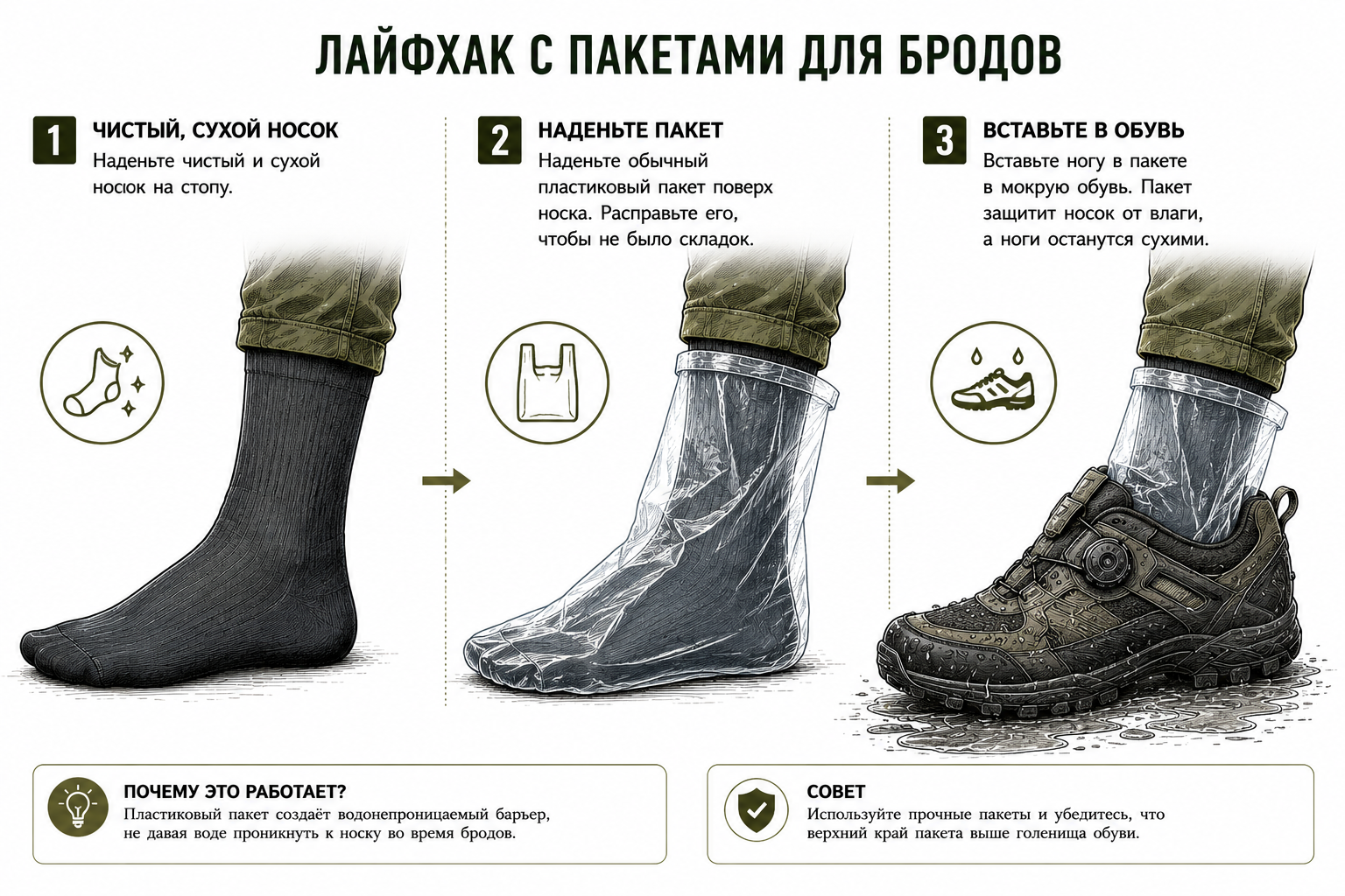 Туристический лайфхак: использование целлофановых пакетов для защиты ног от мокрой обуви в велопоходе.