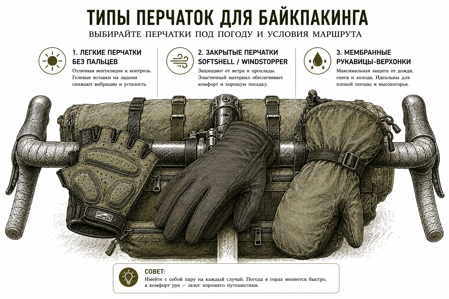 Три типа велосипедных перчаток для разных погодных условий: летние, непродуваемые и влагозащитные.