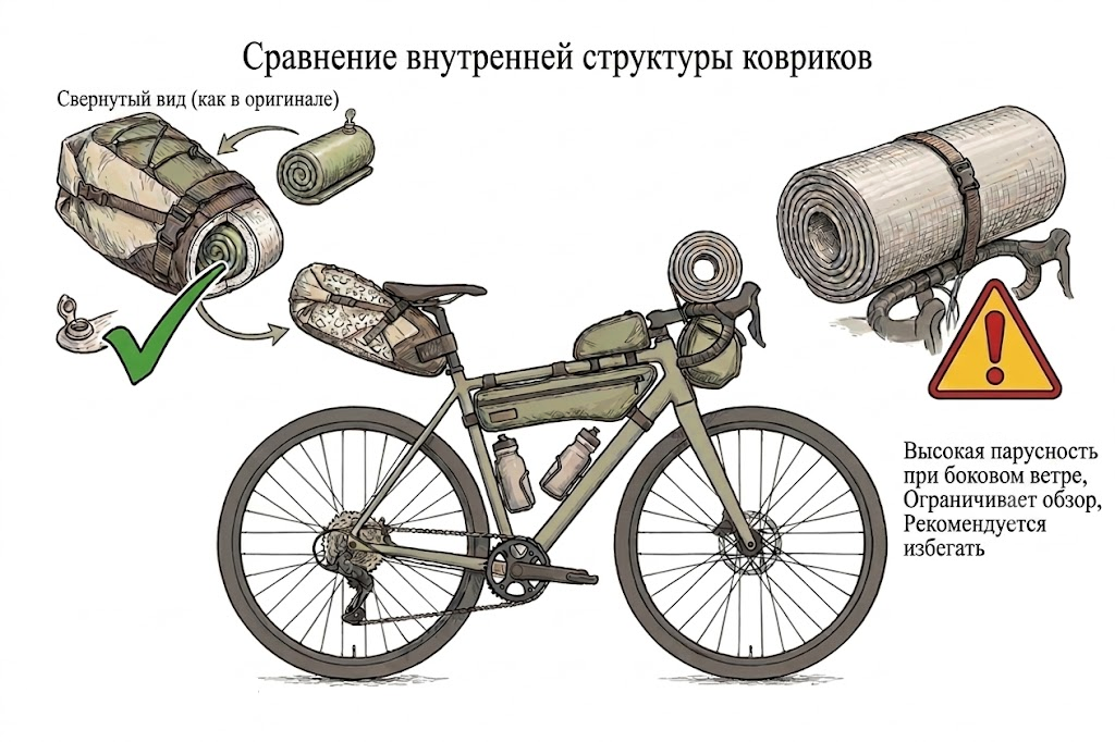 Сравнение аэродинамики и упаковки пенки и надувного коврика в байкпакинге.