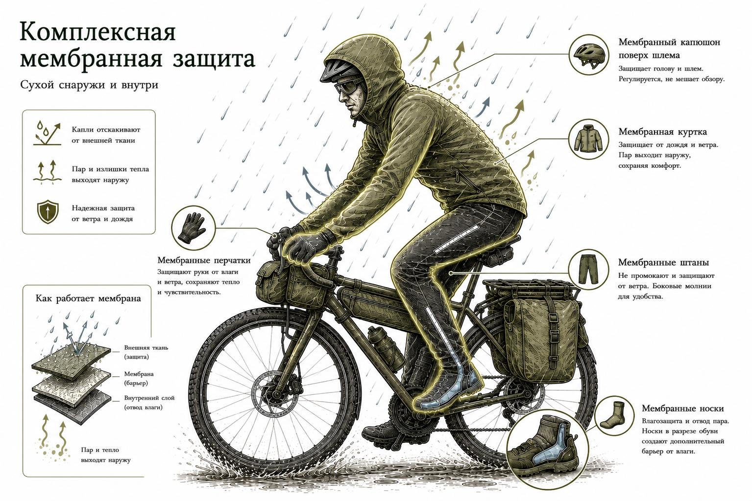 Полный комплект мембранной экипировки для защиты велосипедиста от проливного дождя