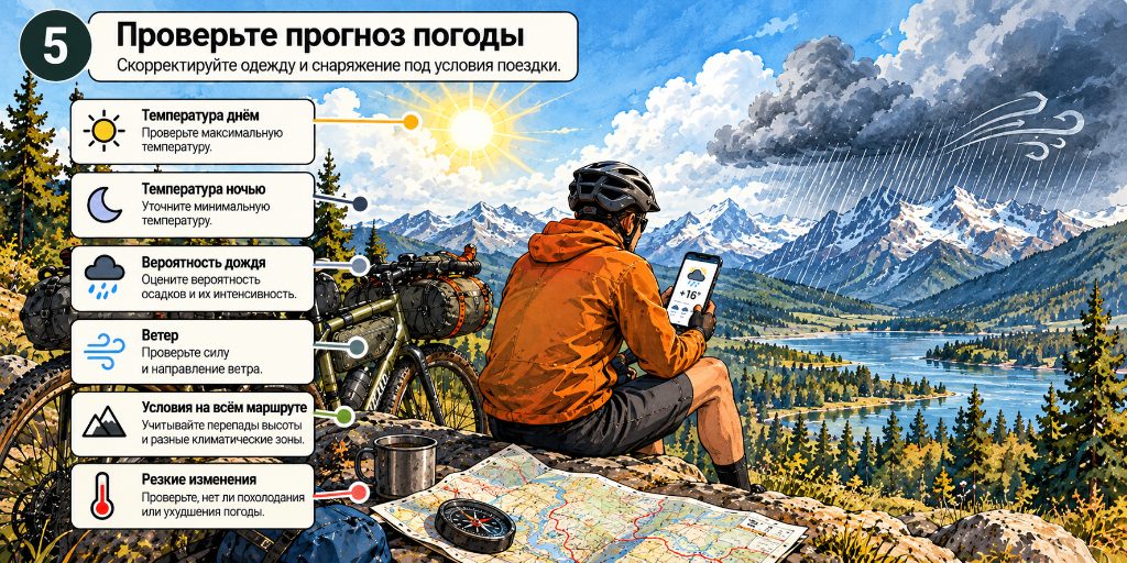 Велосипедист проверяет прогноз погоды перед велопоходом
