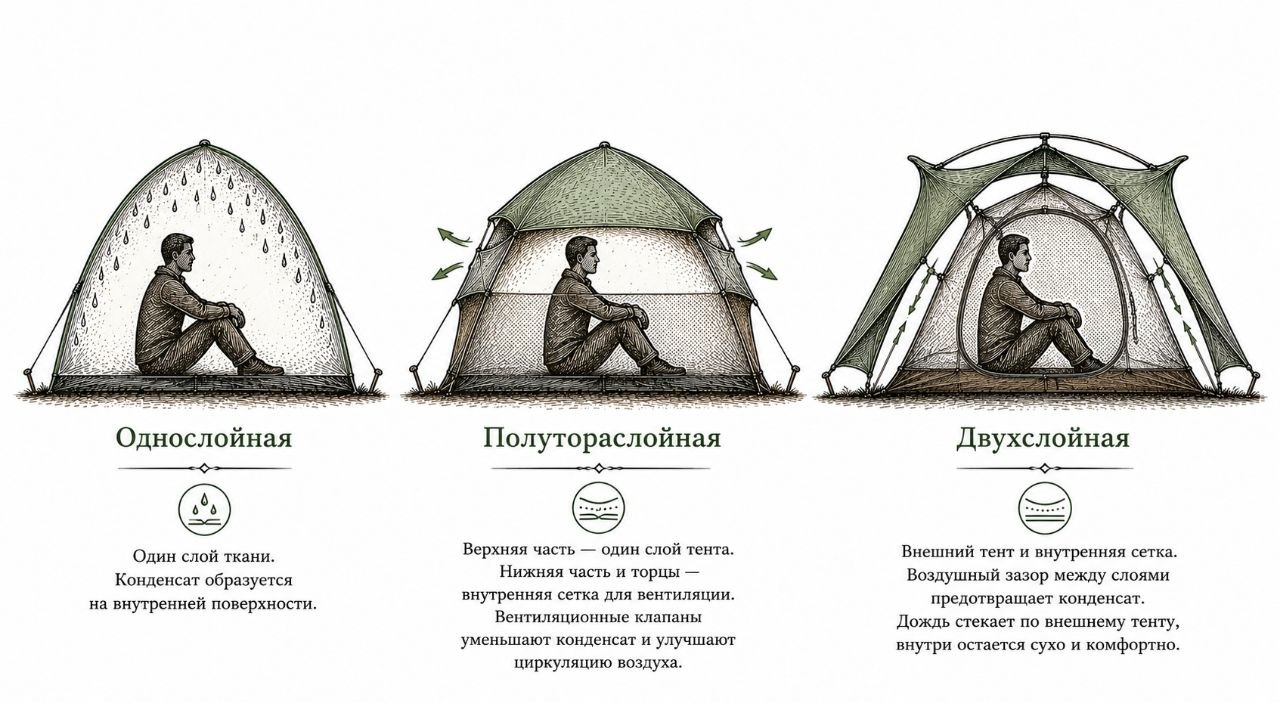 Сравнение типов палаток по количеству слоев: однослойная, полутораслойная, двухслойная
