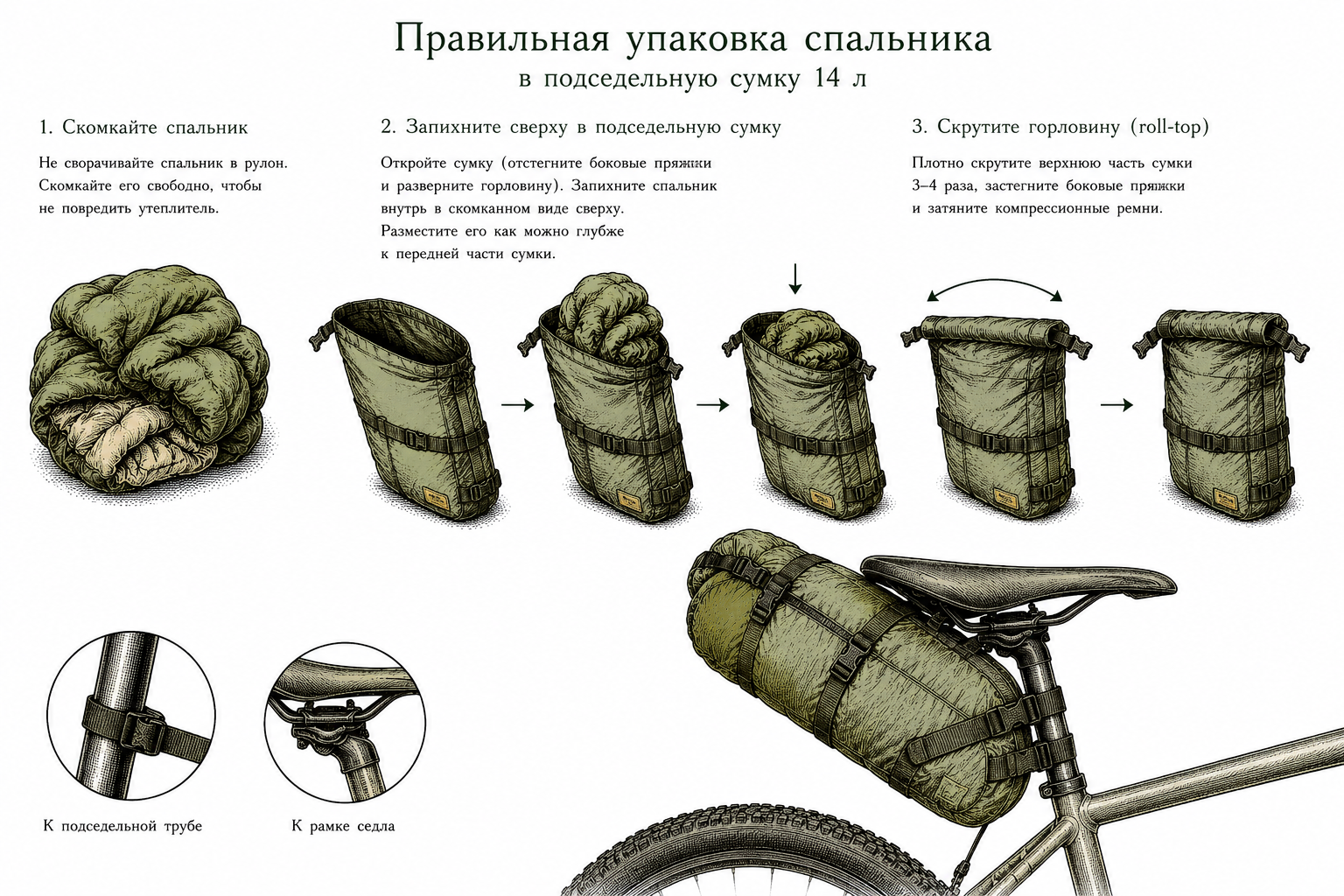Упаковка спального мешка в гермомешок и крепление на руль велосипеда для байкпакинга