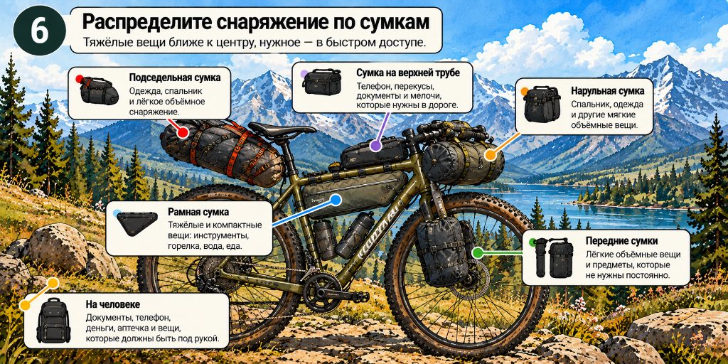 Распределение снаряжения по велосумкам на загруженном велосипеде