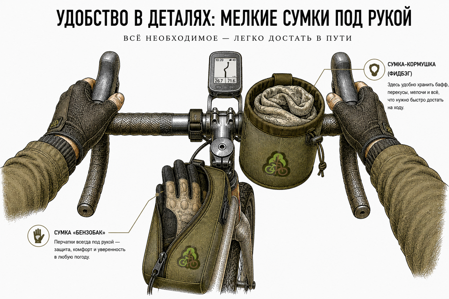 Упаковка мелких элементов одежды (перчаток и баффа) в сумки быстрого доступа на руле и раме велосипеда.