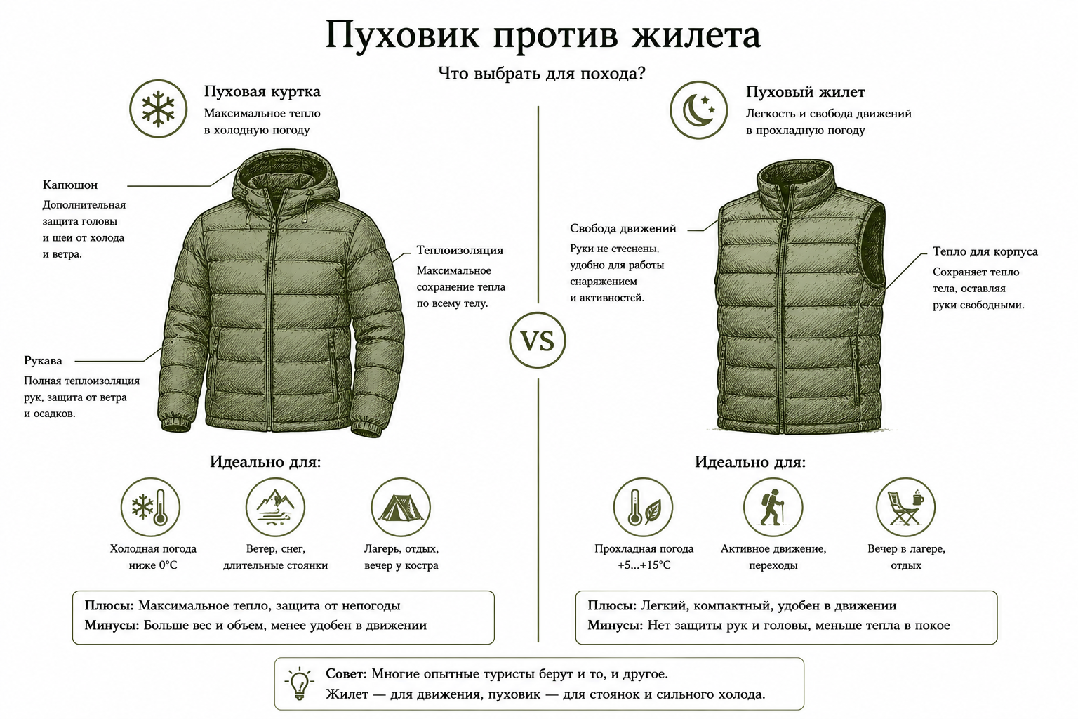 Сравнение применения пуховой куртки и пухового жилета в походе.