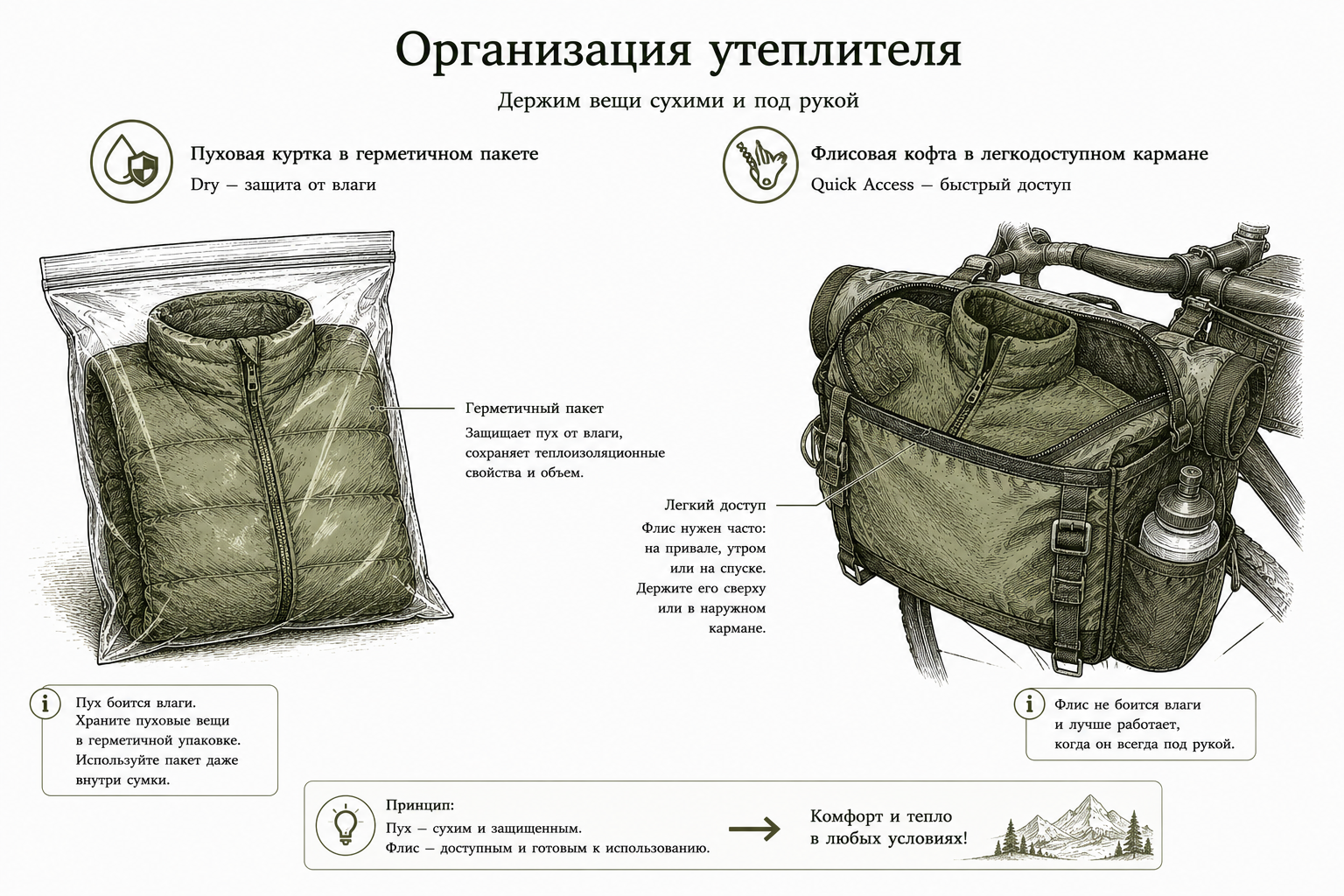 Правильное хранение теплых вещей в байкпакинге: защита от влаги и быстрый доступ