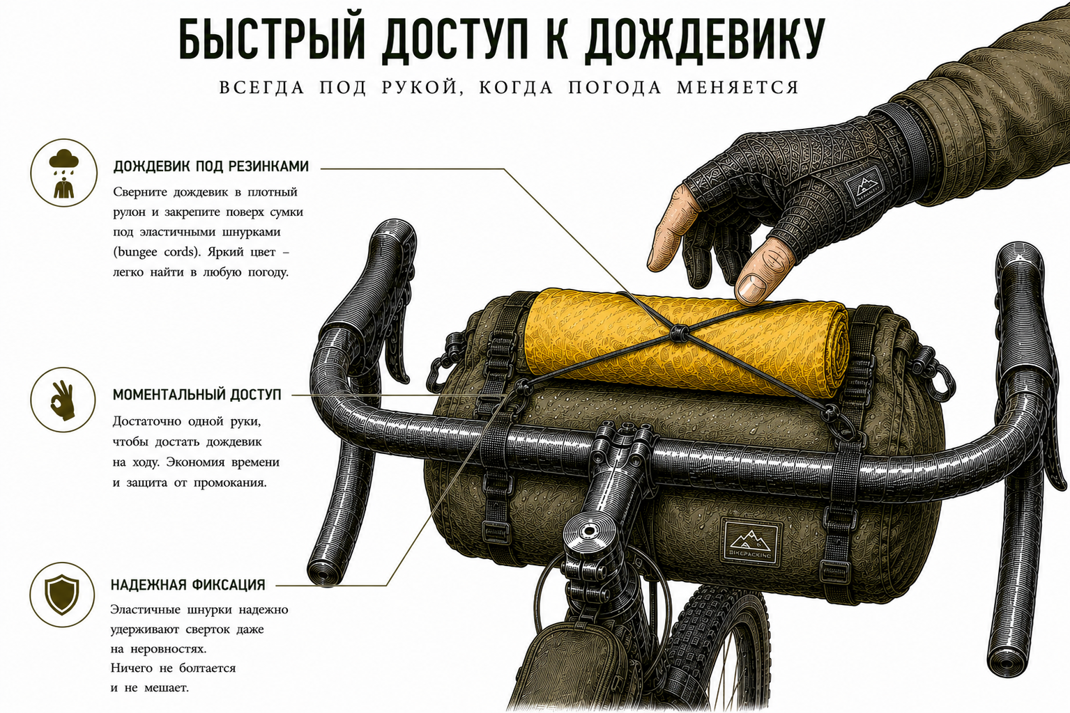 Правильное крепление мембранной куртки снаружи нарульной сумки для быстрого доступа во время внезапного дождя.