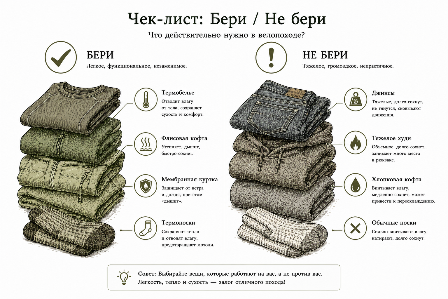 Инфографика: что взять в байкпакинг